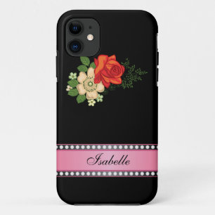 Red Rose and Daisies Pink Personalized Name iPhone 11 Case