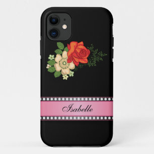Red Rose and Daisies Pink Personalized Name iPhone 11 Case