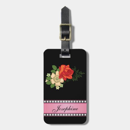 Red Rose and Daisies Pink Personalized Name Luggage Tag