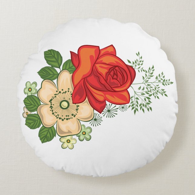 Red Rose and Daisies Round Pillow (Front)