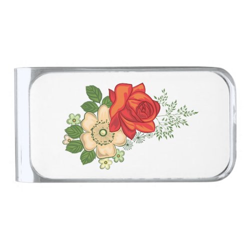Red Rose and Daisies Silver Finish Money Clip