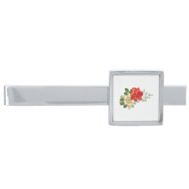 Red Rose and Daisies Silver Finish Tie Clip (Front)
