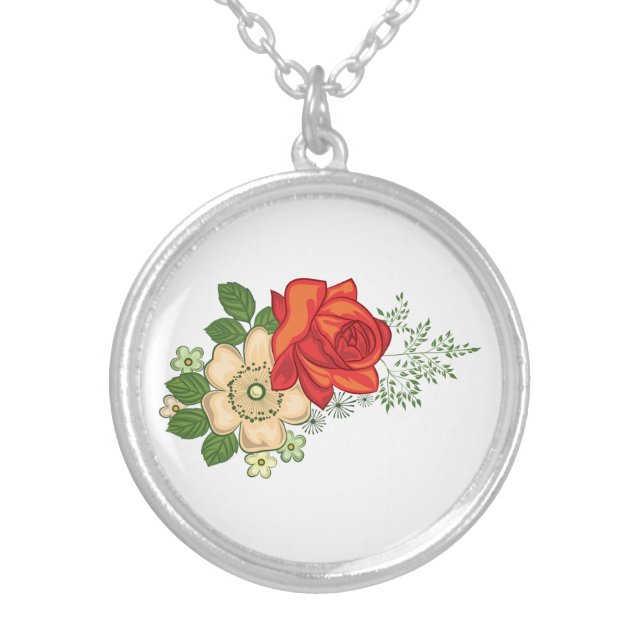 Red Rose and Daisies Silver Plated Necklace (Front)