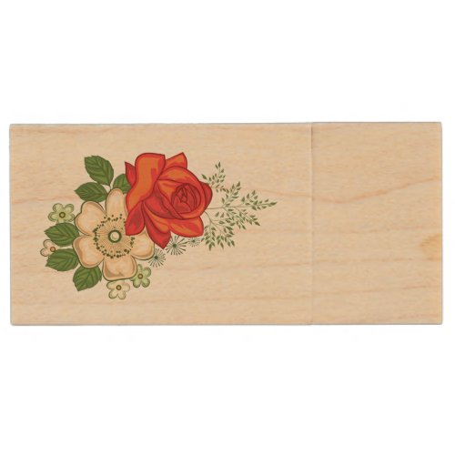 Red Rose and Daisies Wood USB Flash Drive