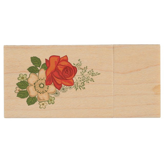 Red Rose and Daisies Wood USB Flash Drive (Front)