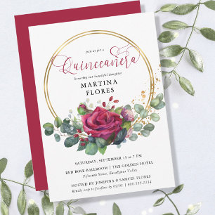 Red Rose and Eucalyptus Elegant Floral Quinceanera Invitation