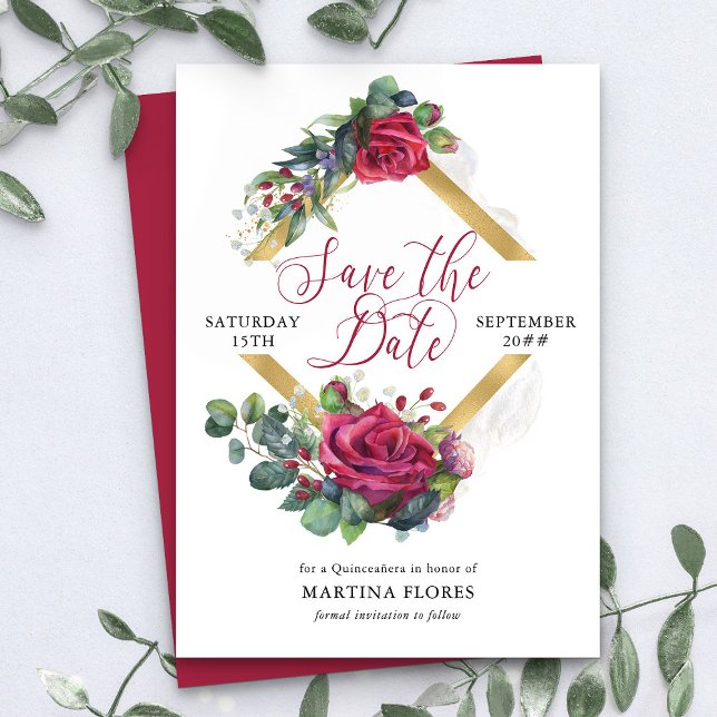 Red Rose and Eucalyptus Elegant Quinceanera Save The Date (Save the Date card from my Rose and Eucalyptus Quinceanera collection)