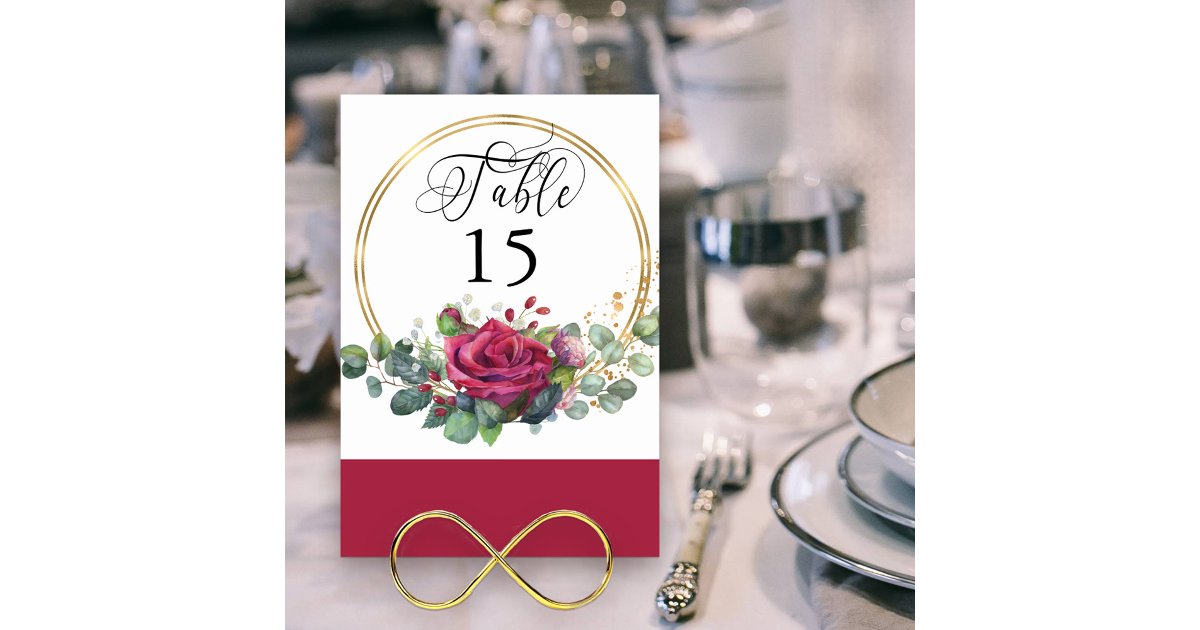 Red Roses Table Numbers Red Rose and Eucalyptus Gold Frame Table Number | Zazzle