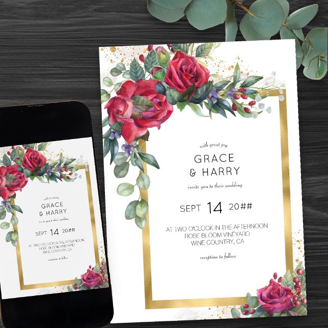 Red Rose and Eucalyptus Gold Frame Wedding Invitation (Romantic wedding invitation with gold frame, from my Red Rose and Eucalyptus Wedding Collection)