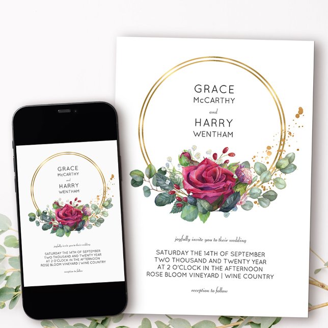 Red Rose and Eucalyptus Gold Frame Wedding Invitation (Elegant floral wedding invitation from my Red Rose and Eucalyptus collection)