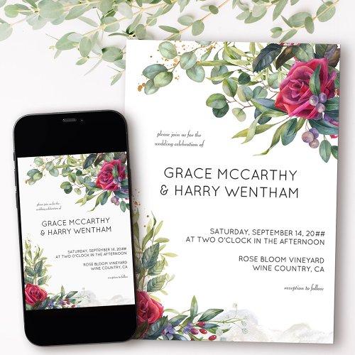 Red Rose and Eucalyptus Simple Modern Wedding Invitation