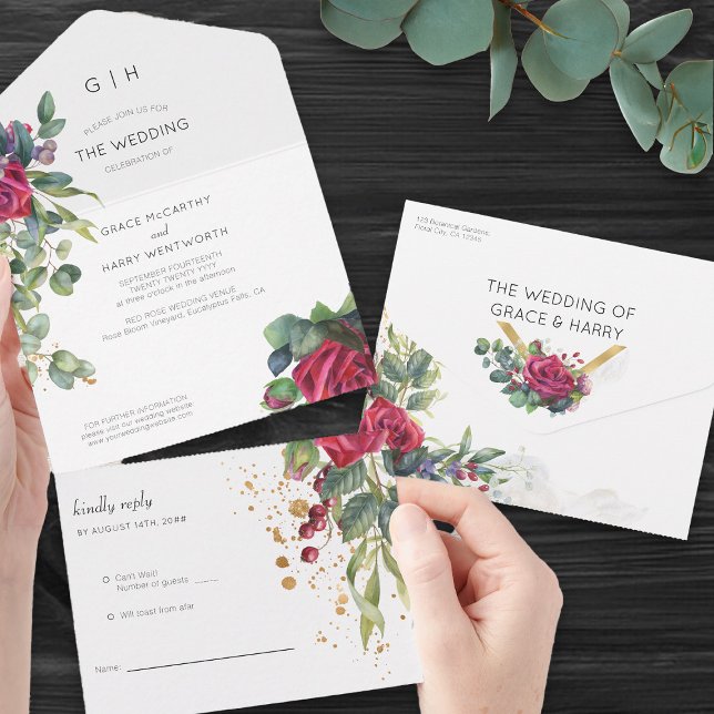 Red Rose and Eucalyptus Wedding All In One Invitation (Romantic wedding invitation with tear-off RSVP card - Red Rose and Eucalyptus Wedding Collection)