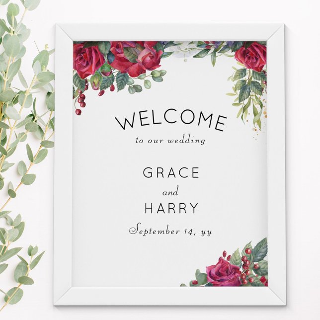 Red Rose and Eucalyptus Wedding Welcome Poster (Wedding welcome poster from my Red Rose and Eucalptus collection - order printed or digital)
