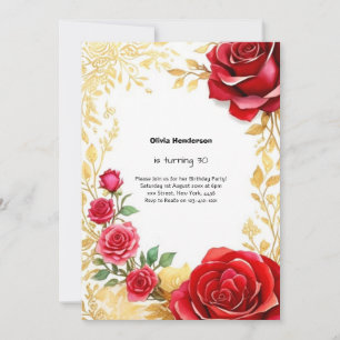 Red Rose and Gold 30th Birthday Invitation
