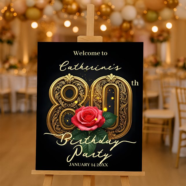 Red Rose and Gold Filigree 80th Birthday Welcome Foam Board (Creator Uploaded)