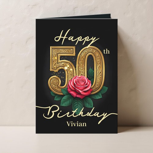Red Rose and Gold Filigree Number 50th Birthday