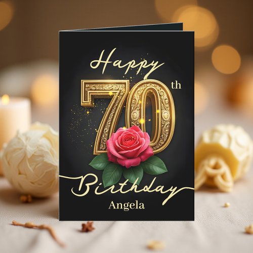 Red Rose and Gold Filigree Number 70th Birthday