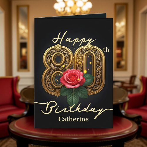 Red Rose and Gold Filigree Number 80th Birthday