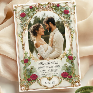 Red Rose and Gold Floral Save the Date with Photo Invitation