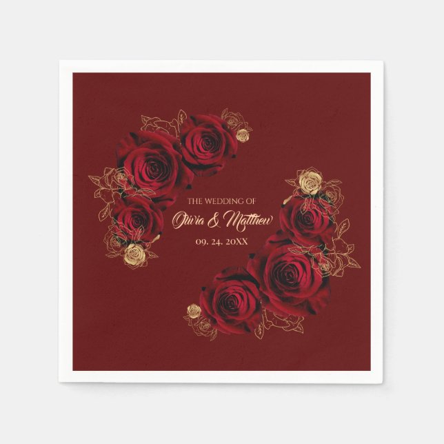  Red Rose and Gold Floral Wedding Napkins (Front)