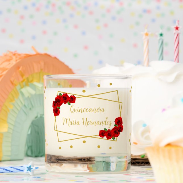 Red Rose and Gold Quinceañera Scented Candle (Birthday)