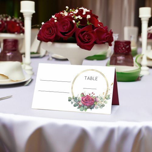 Red Rose and Gold Rings Wedding Table Place Card