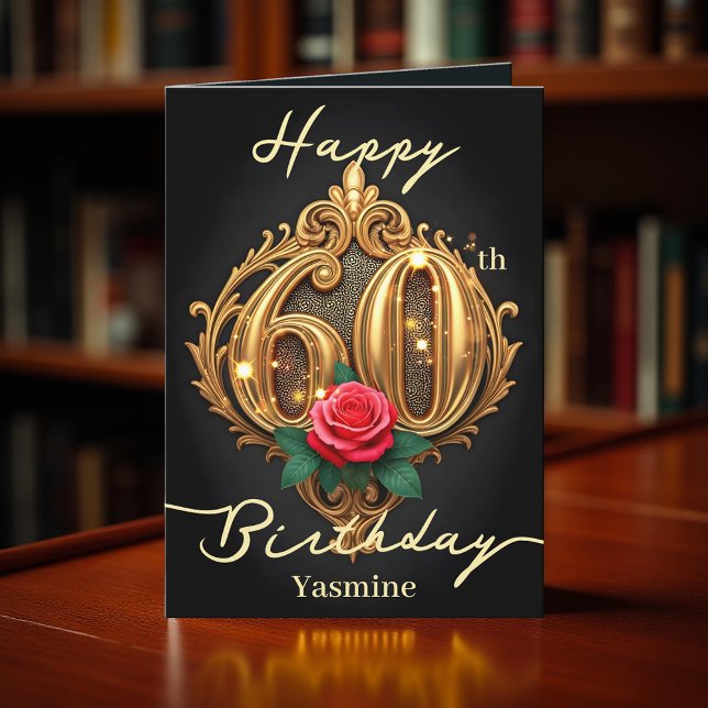 Red Rose and Gold Scrollwork Number 60th Birthday Card (Creator Uploaded)