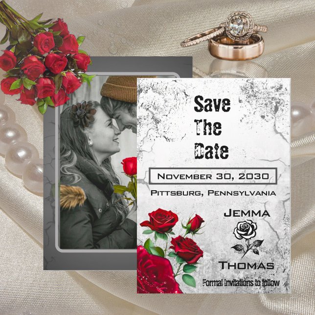 Red Rose and Grunge Textured Wedding Save the Date Invitation (Creator Uploaded)