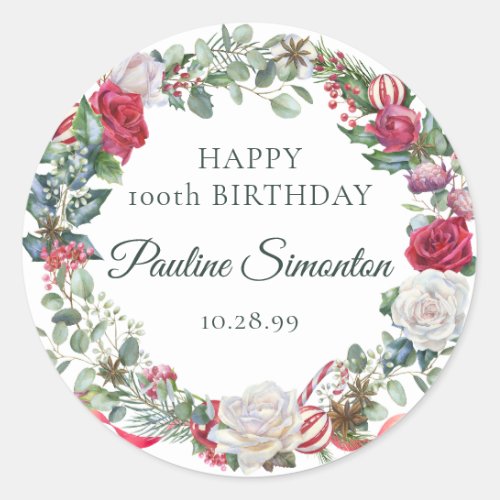 Red Rose and Holly 100th Birthday Elegant Classic Round Sticker