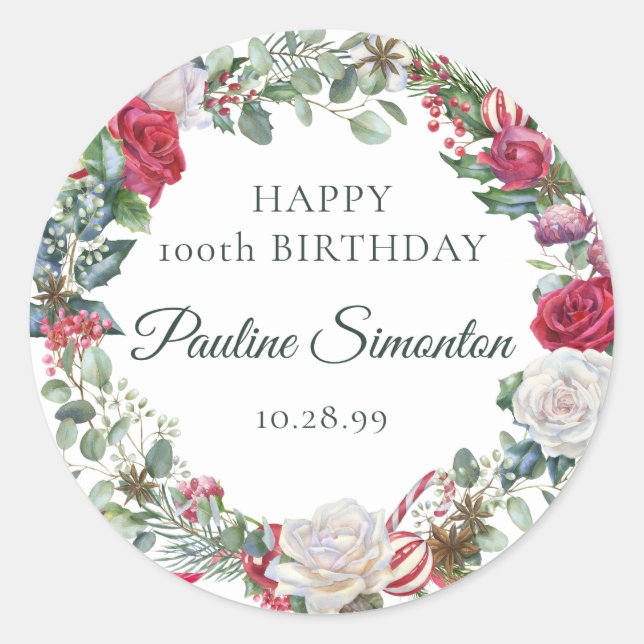 Red Rose and Holly 100th Birthday Elegant Classic Round Sticker (Front)
