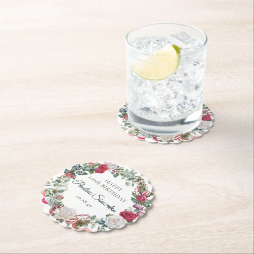 Red Rose and Holly 100th Birthday Elegant Paper Coaster