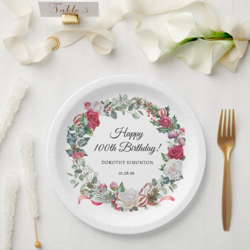 Red Rose and Holly 100th Birthday Elegant Paper Plates