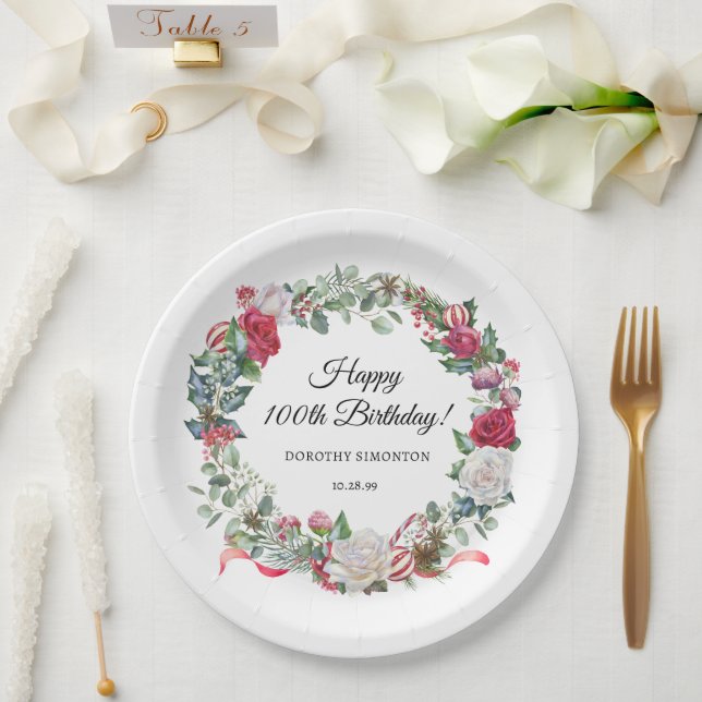 Red Rose and Holly 100th Birthday Elegant Paper Plates (Wedding)