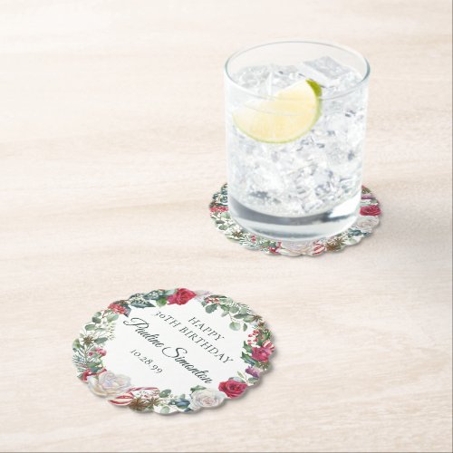 Red Rose and Holly 30th Birthday Elegant Paper Coaster