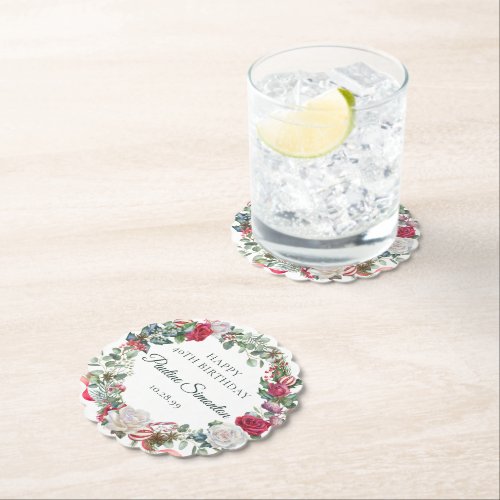 Red Rose and Holly 40th Birthday Elegant Paper Coaster