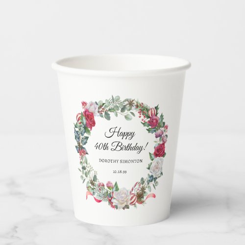 Red Rose and Holly 40th Birthday Elegant Paper Cups