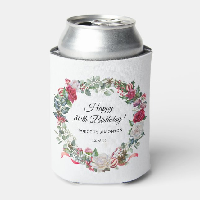 Red Rose and Holly 80th Birthday Elegant Can Cooler (Can Front)