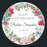 Red Rose and Holly 90th Birthday Elegant Classic Round Sticker<br><div class="desc">Soft red roses and holly and berries create a beautifully rustic floral wreath. Eucalyptus leaves and other red flowers add to the winter botanical vibe. Four lines of editable text let you create a custom birthday message. This item is part of the Rose and Holly collection. It contains many DIY...</div>