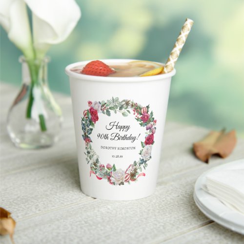 Red Rose and Holly 90th Birthday Elegant Paper Cups