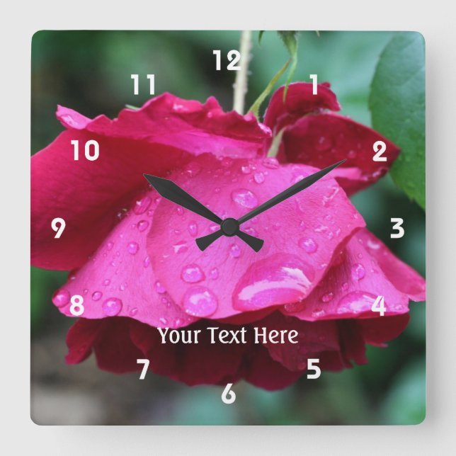 Red Rose And Raindrops Nature Personalized Square Wall Clock (Front)