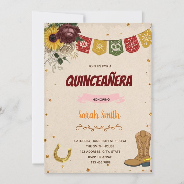Red rose and sunflower mis quince theme Invitation (Front)