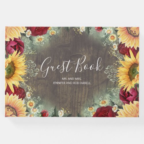 Red Rose and Sunflower Rustic Fall Wedding Guest Book