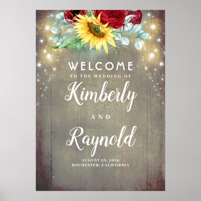 Red Rose and Sunflower Rustic Fall Welcome Sign (Front)