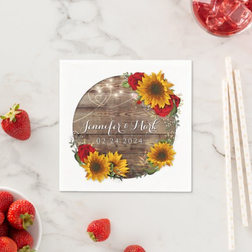 Red Rose and Sunflower Rustic Wood Napkin
