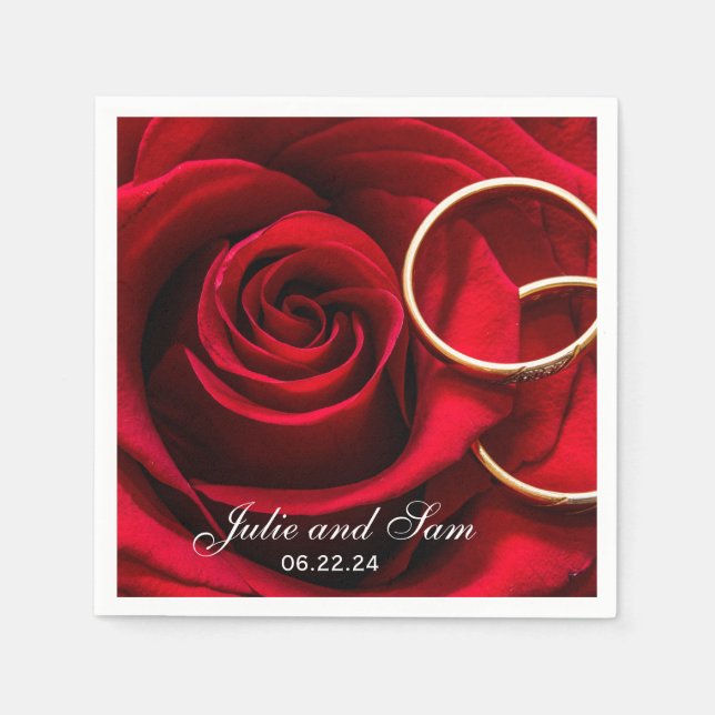 Red Rose and Wedding Rings Personalized Napkins (Front)