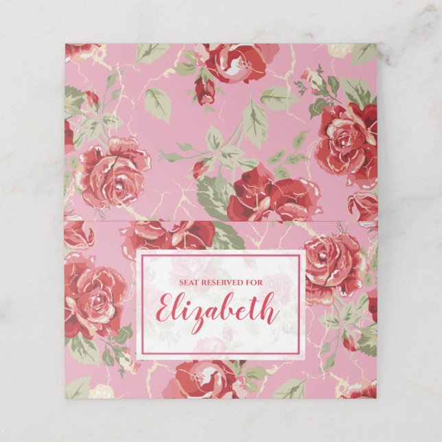 Red rose and white classic print place card (Outside Unfolded)