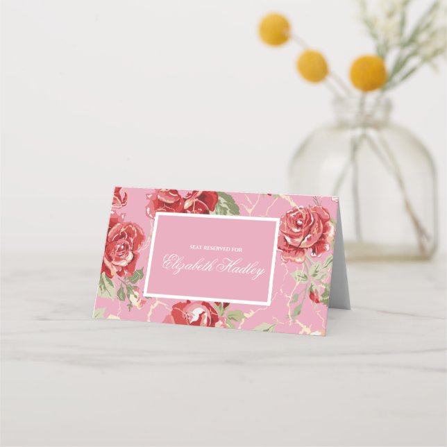 Red rose and white classic print place card (Front)
