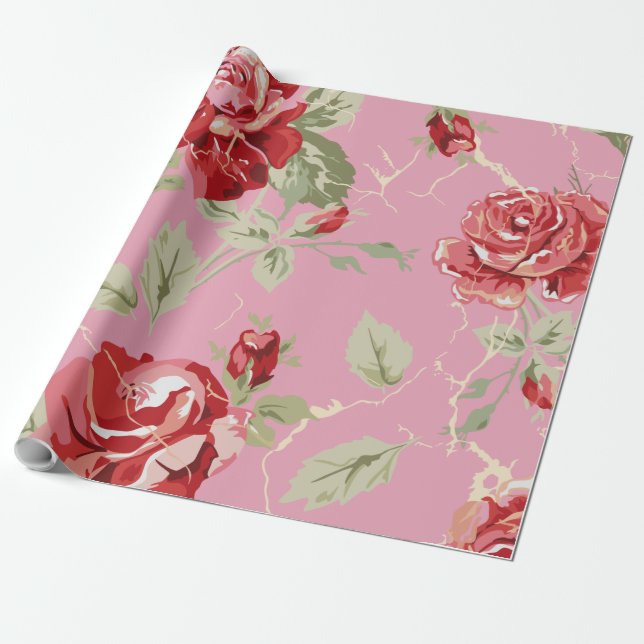 Red rose and white classic print wrapping paper (Unrolled)