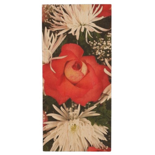 Red Rose and White Flowers Bouquet Wood Flash Drive