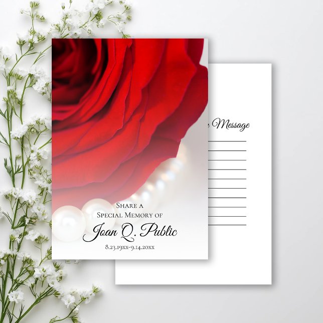 Red Rose and White Pearls Share a Memory Funeral  Note Card (Creator Uploaded)